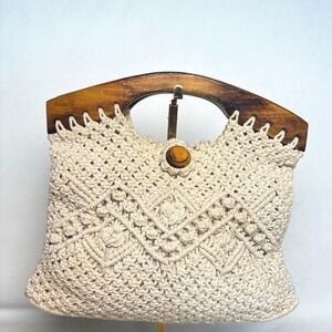 Vintage Macrame Handbag Cream Boho Wood Handle Geometric Knit Tote Bag